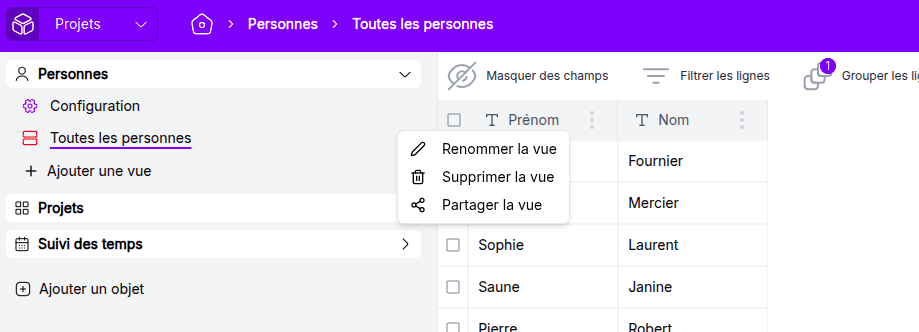 Accès à la popup de gestion des droits pour les vues