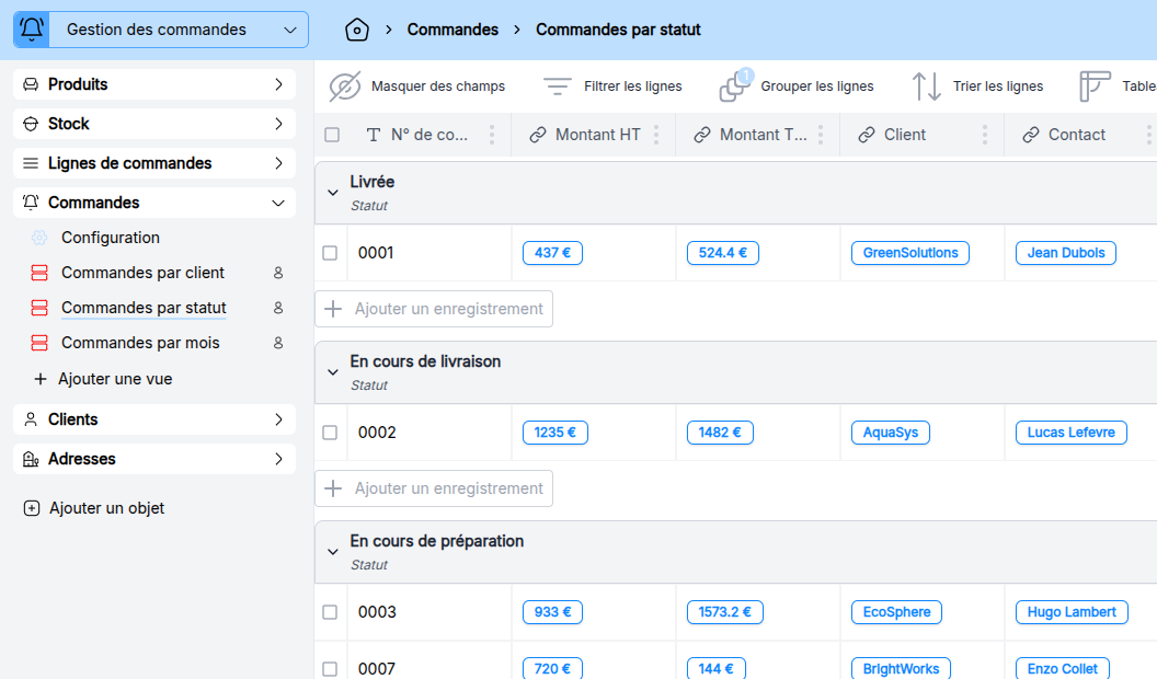 Vue de gestion de commandes dans Compozz