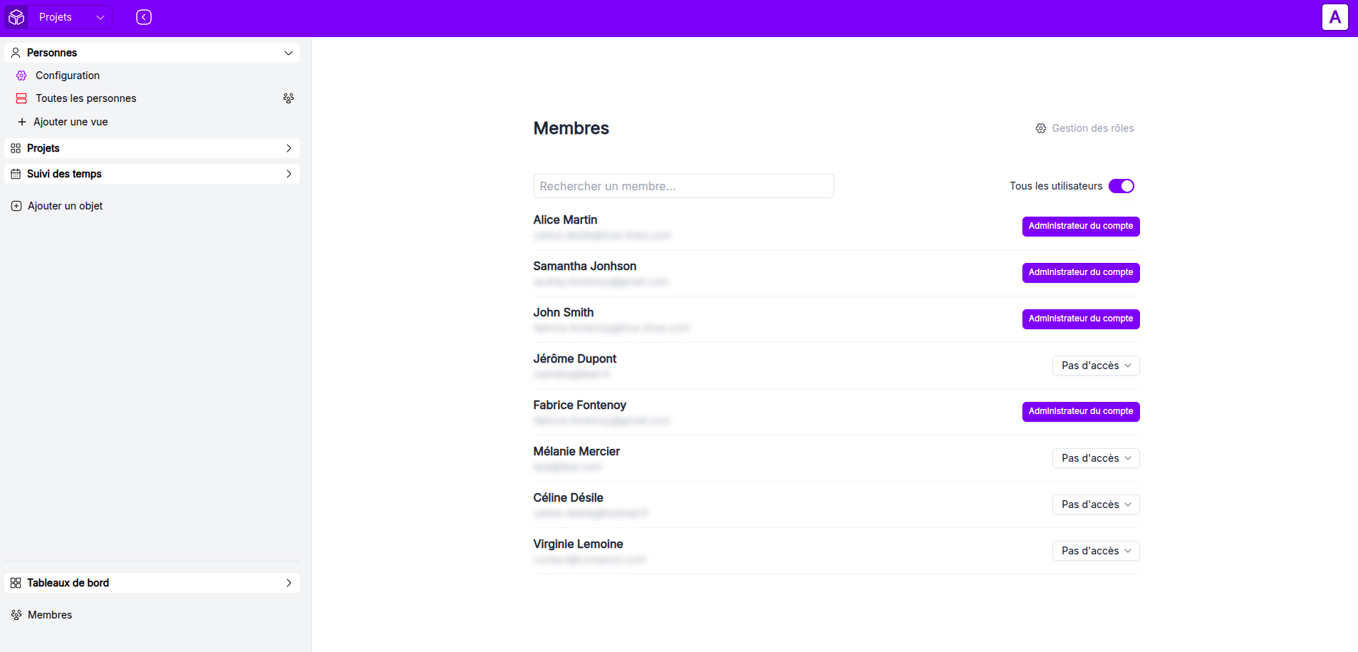 Page de gestion de tous les membres d'un espace de travail