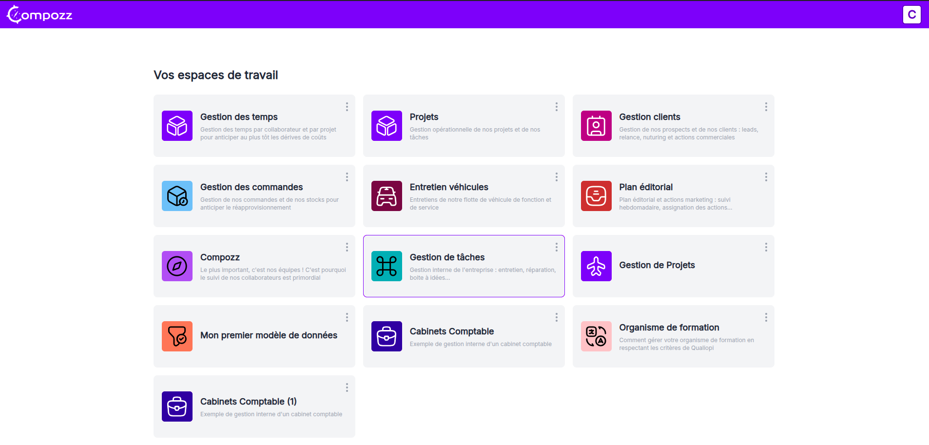 Vue de la page d'accueil avec le modèle de données importé
