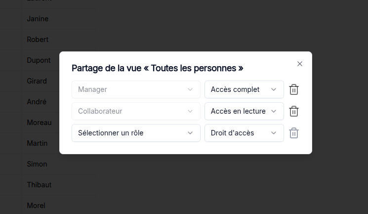 Popup de gestion des droits pour les vues